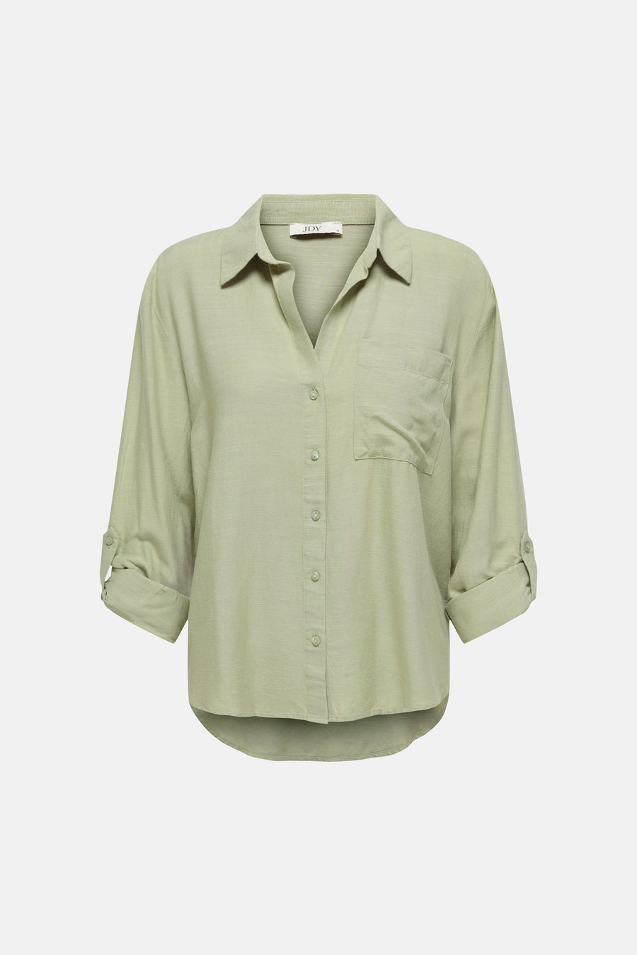 Chemise verte de JDY avec manches retroussées, col en V et poche poitrine, en tissu texturé.