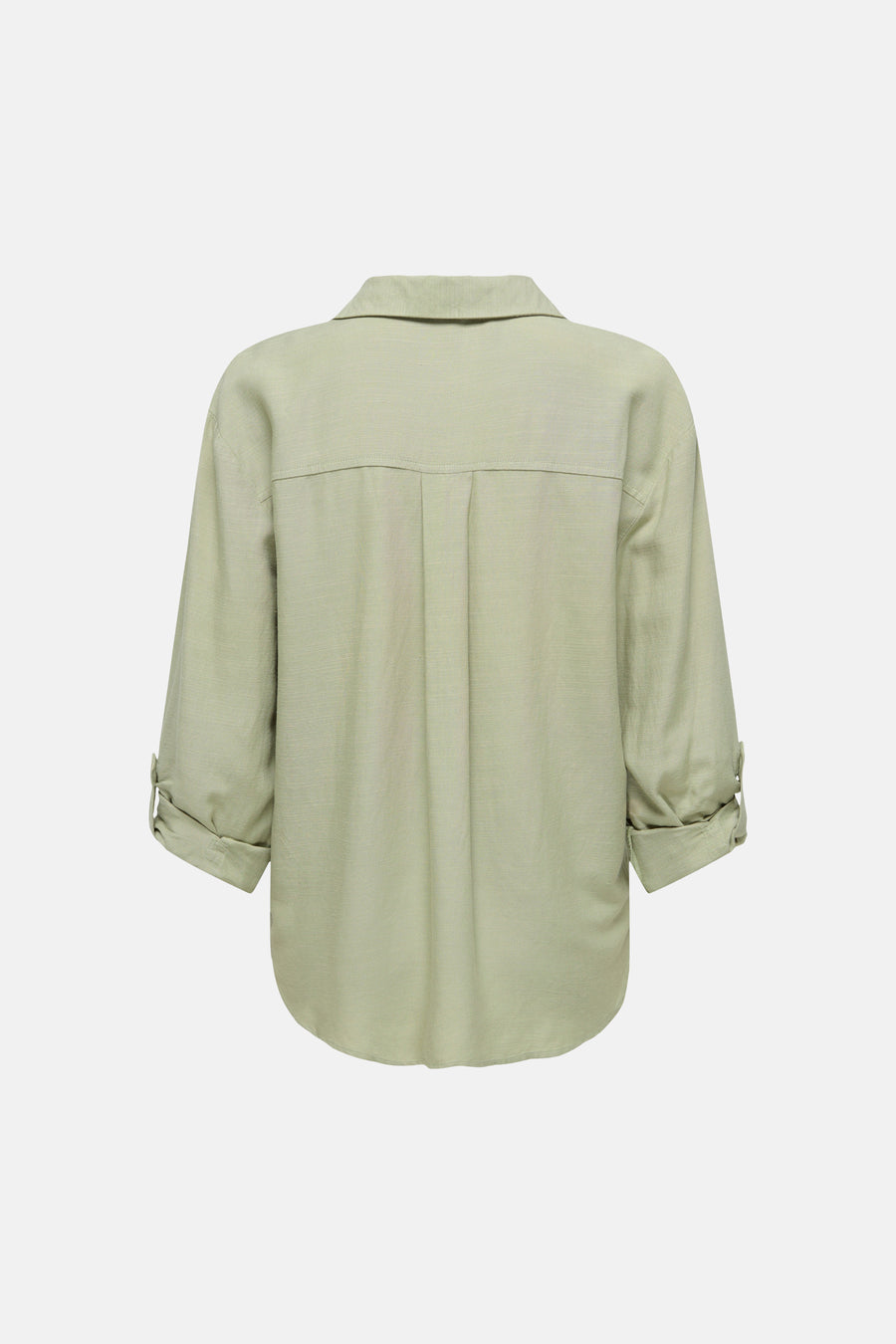 Chemise vert clair de JDY avec tissu texturé, manches retroussées et plis au dos, vue arrière.