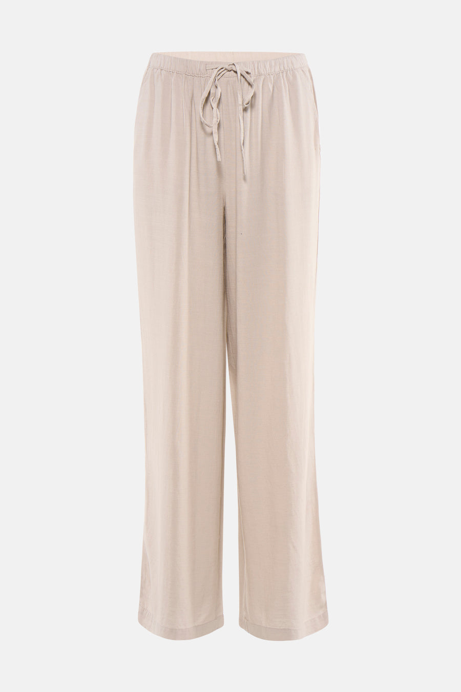 Pantalon écru de JDY avec un tissu texturé, un cordon de serrage à la taille et des jambes larges.