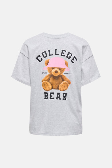 Grijs T-shirt met korte mouwen van ONLY, met teddybeer print en "College Bear" tekst.
