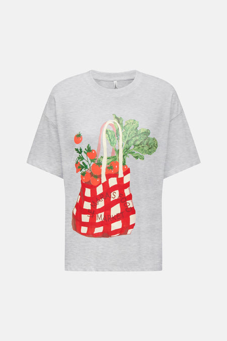 T-shirt gris à manches courtes ONLY, avec un imprimé d'un sac de courses rempli de légumes.