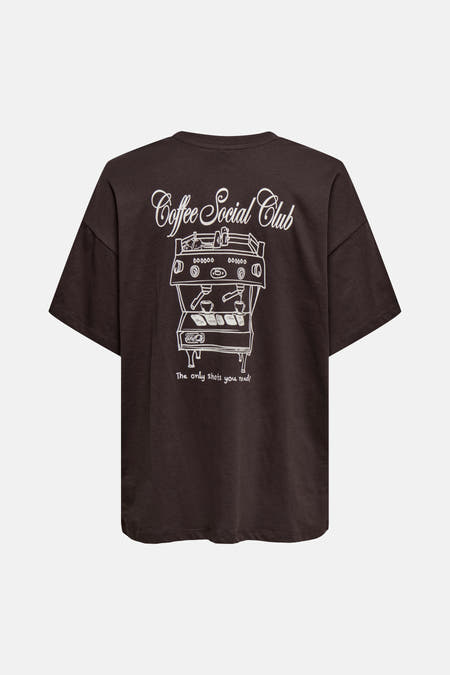 Bruin T-shirt (korte mouwen) van ONLY®, met print van een koffiemachine op de achterkant.