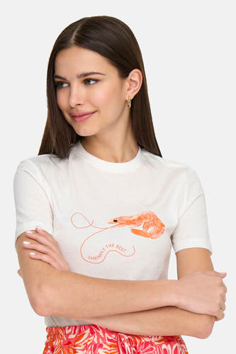 T-shirt blanc à manches courtes de ONLY, avec un imprimé d'une crevette et le texte "Shrimply the best".