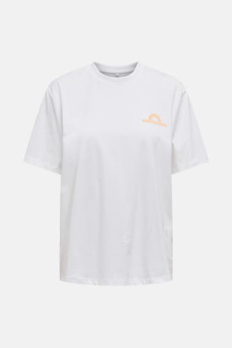 T-shirt blanc à manches courtes de ONLY, avec une impression d'arbres à palme et de coucher de soleil sur l'arrière.
