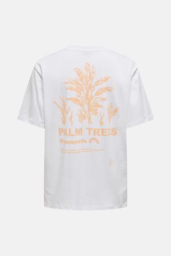 Wit T-shirt met korte mouwen van ONLY, met palmboom- en zonsondergangopdruk op de achterkant.
