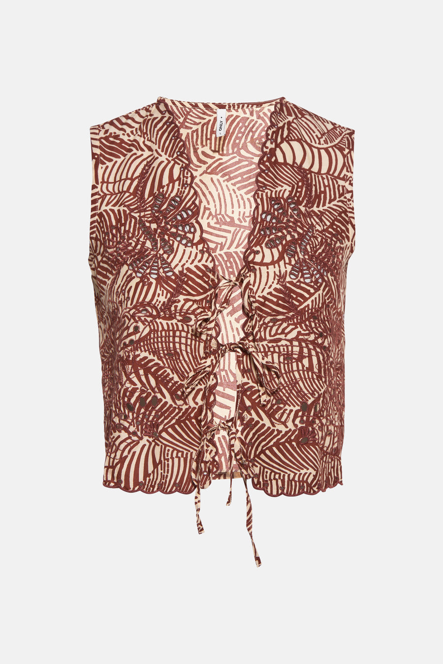 Mouwloze bruine damesblouse met bladmotief.