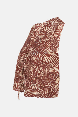 Bruine en beige gebloemde blouse met kanten details en striksluiting.