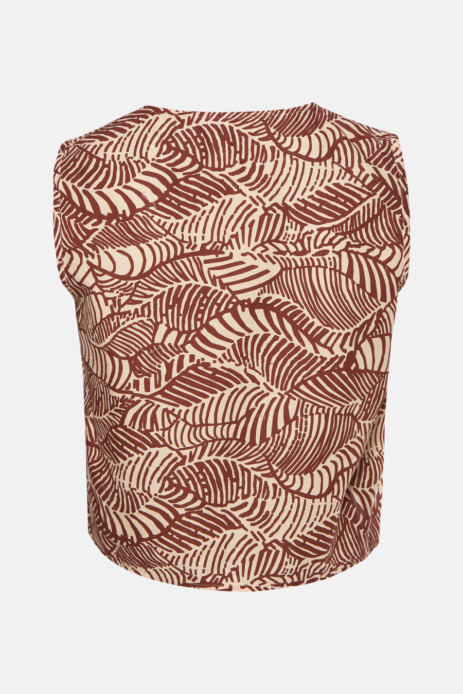 Mouwtje met bruine en beige bladprint.