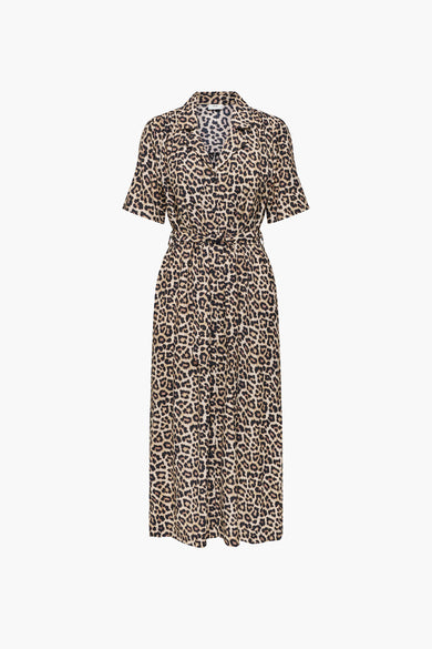 Robe brune à manches courtes de JDY, avec imprimé léopard et une ceinture à la taille, vue arrière.