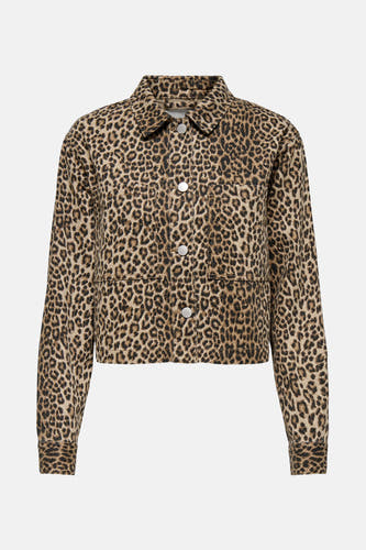 Manteau court brun d'ONLY avec imprimé léopard et boutons argentés.