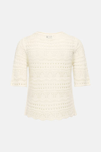 Pull écru à col rond de JDY, avec motif au crochet et manches courtes, vu de dos.