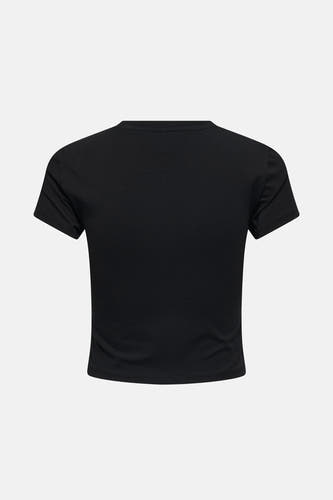 Zwart T-shirt met korte mouwen van ONLY, achterkant weergegeven tegen een witte achtergrond.