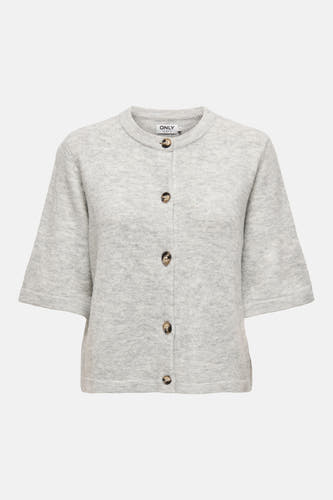 Lichtgrijze melange cardigan van ONLY® met ronde hals, korte mouwen en bruine knopen, front view