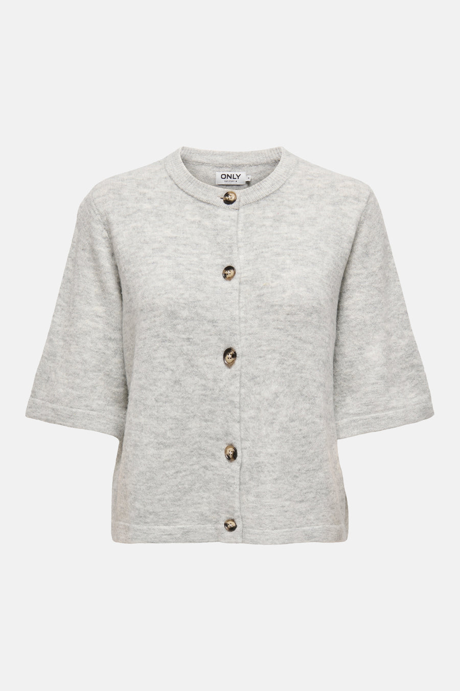 Lichtgrijze melange cardigan van ONLY® met ronde hals, korte mouwen en bruine knopen, front view
