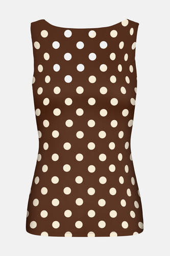 Bruine top zonder mouwen van ONLY, met een all-over stippenpatroon en een effen achtergrond.
