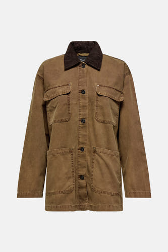 Manteau long brun d'ONLY, avec un col en corduroy plus foncé, vu de derrière.
