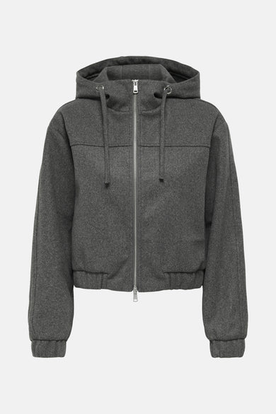 Manteau court gris d'ONLY®, avec des manches longues, un capuchon et une fermeture éclair à l'avant.