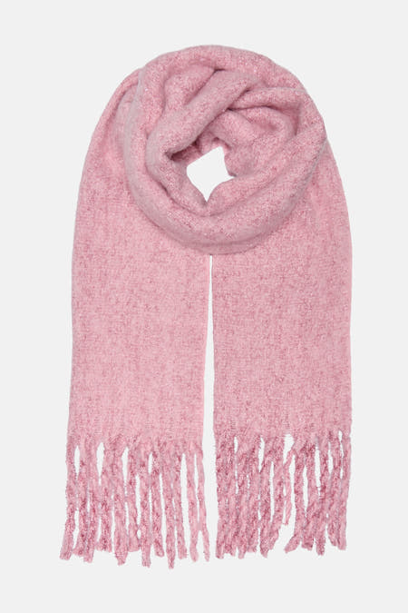 Chapeau d'hiver rose de ONLY, avec des détails pailletés et des franges.