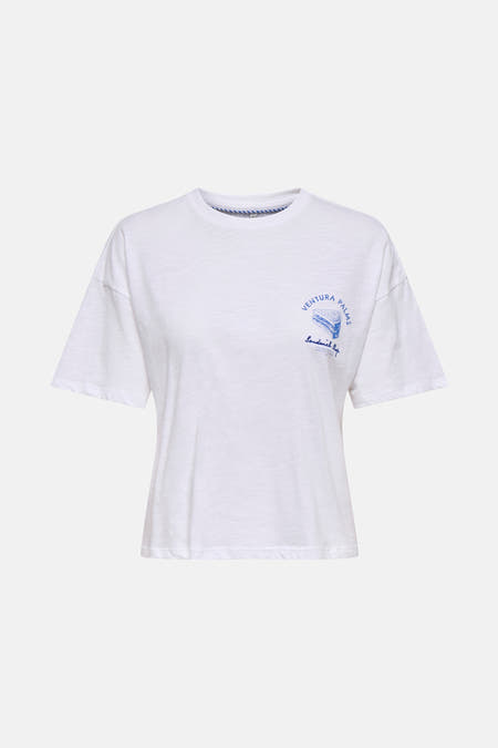 T-shirt blanc à manches courtes de ONLY, avec une impression vintage bleue Ventura Ventura Palms sandwich shop sur le dos.