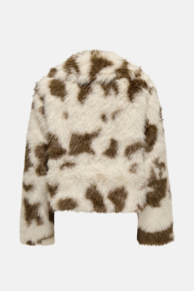 Manteau écru de ONLY, avec des taches brunes et une douce texture velue, vu de derrière.