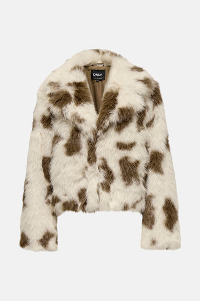 Manteau court écru de ONLY, avec des taches d'animaux brunes et une douce texture.
