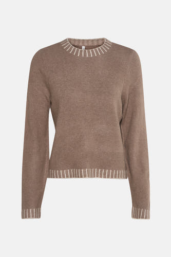 Gilet beige avec col rond de ONLY, avec des détails rayés sur le col, les manches et l'ourlet.