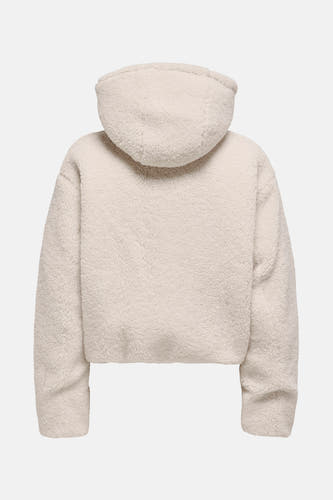 Gilet écru ONLY, avec une texture en polaire et capuche, vu de l'arrière.