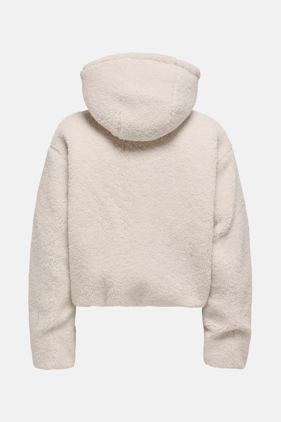 Gilet écru ONLY, avec une texture en polaire et capuche, vu de l'arrière.