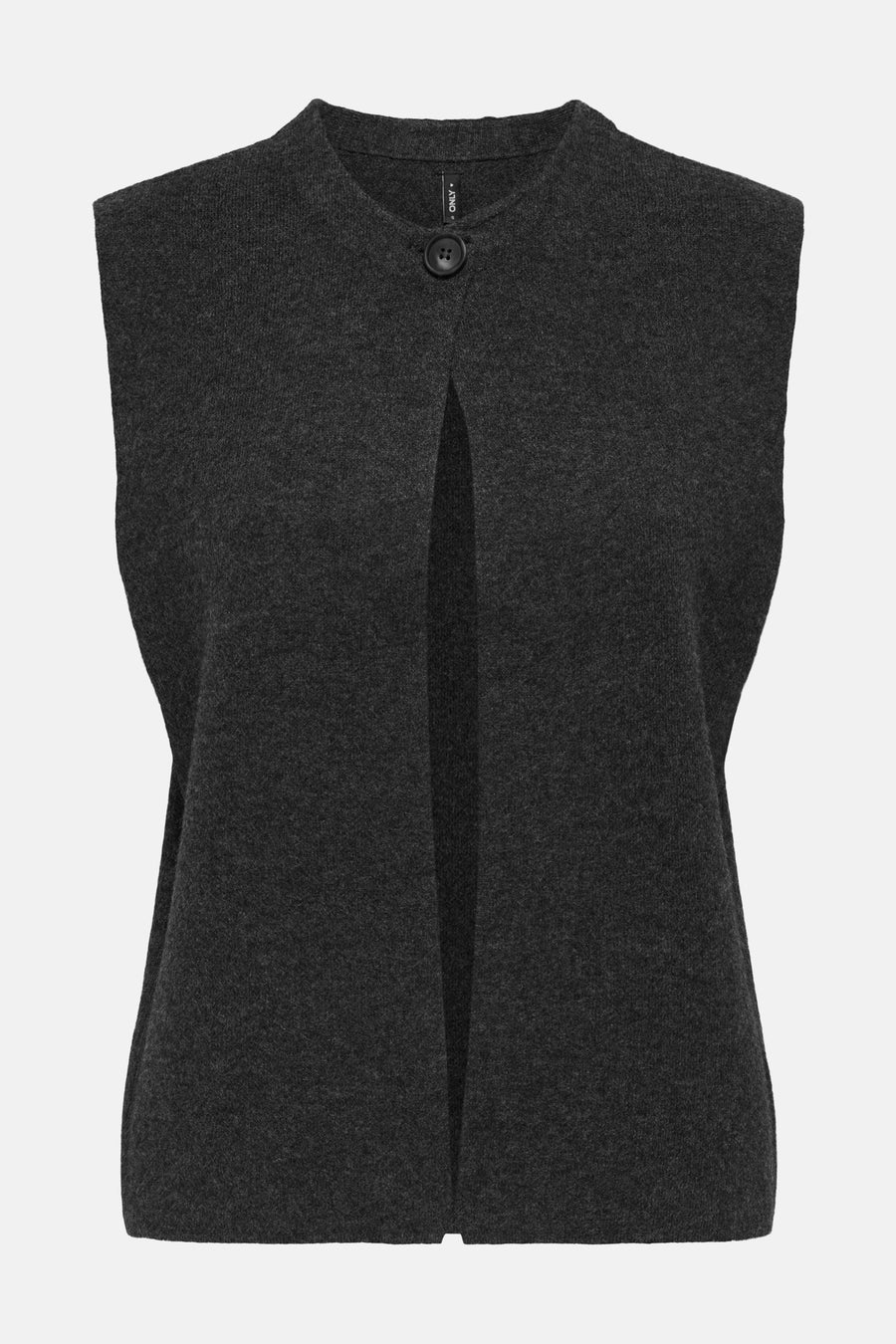Grijs vest met knoop.
