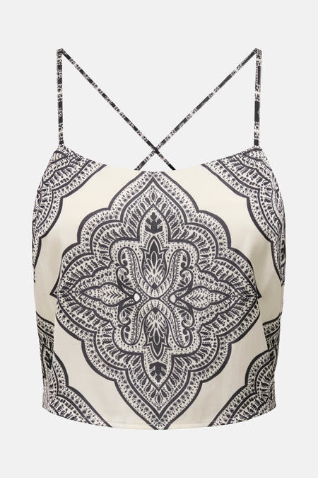 Blouse écru sans manches de ONLY, avec motif mandala noir et spaghettibandes croisées.