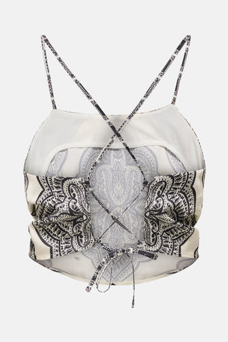 Blouse écru sans manches ONLY, avec imprimé paisley, bandes croisées sur le dos et fermeture éclair.