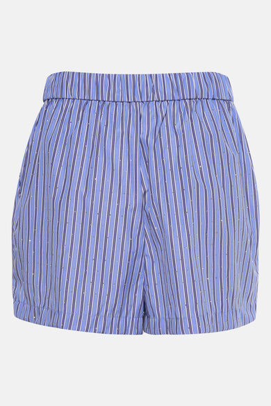 Short bleu rayé d'ONLY, avec de petites taches décoratives argentées.