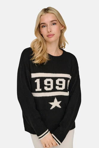 Pull-over noir avec col rond de ONLY, imprimé "1991" et étoile en blanc, et manches rayées.
