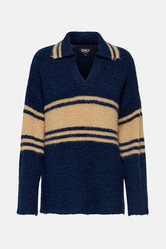 T-shirt bleu d'ONLY avec des rayures beige sur les manches, le corps et le col.