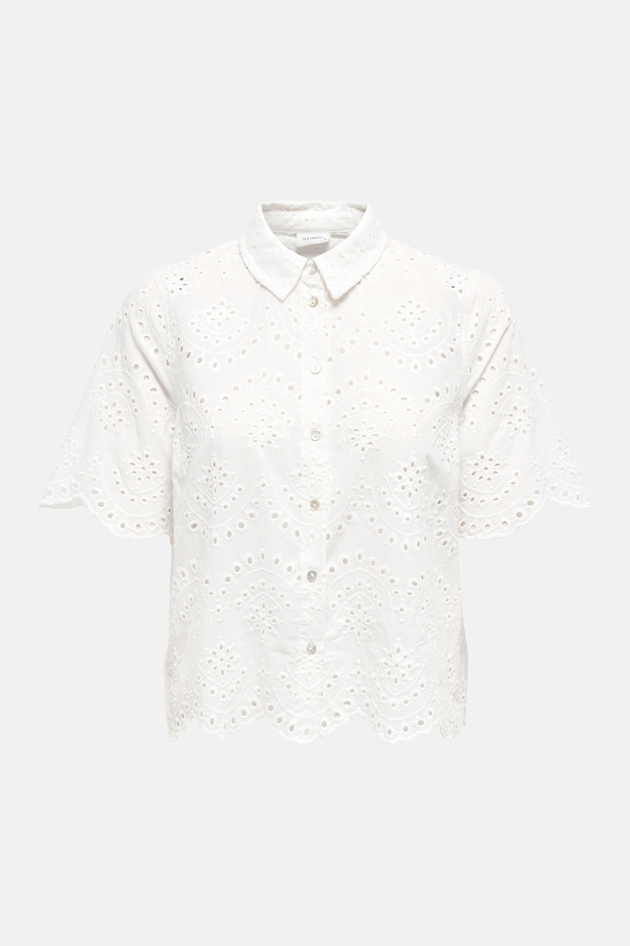 Chemise blanche en coton ONLY, avec détails brodés et manches courtes.