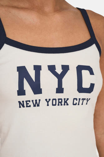 T-shirt blanc ONLY, avec bordure bleu marine et impression texte NYC