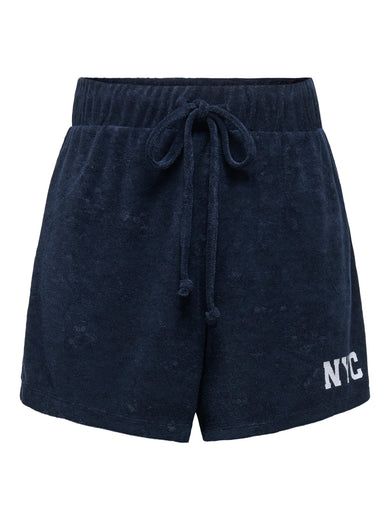Short bleu d'ONLY, avec cordon et lettres 'NYC' blanches sur la ceinture.
