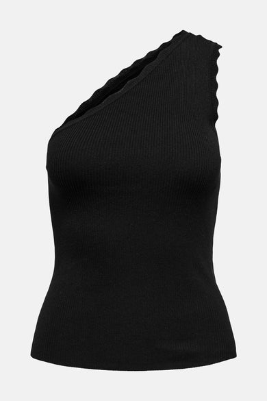 T-shirt sans manches noir de JDY, avec une texture côtelée et une ligne d'encolure asymétrique à bord ondulé.