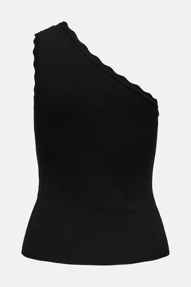 T-shirt sans manches noir de JDY, avec une ligne d'épaule asymétrique et une texture côtelée.