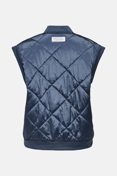 Gilet bodywarmer bleu ONLY® avec un motif de visière doublé, vu de l'arrière.