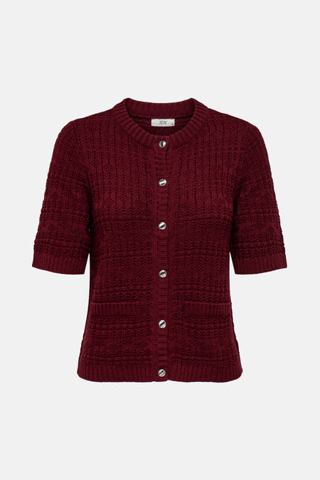 Cardigan Bordeaux de JDY avec manches courtes et boutons argentés.