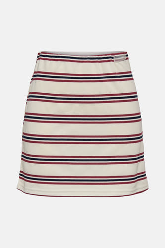 Multikleurige korte rok van ONLY, met horizontale rode en marineblauwe strepen.
