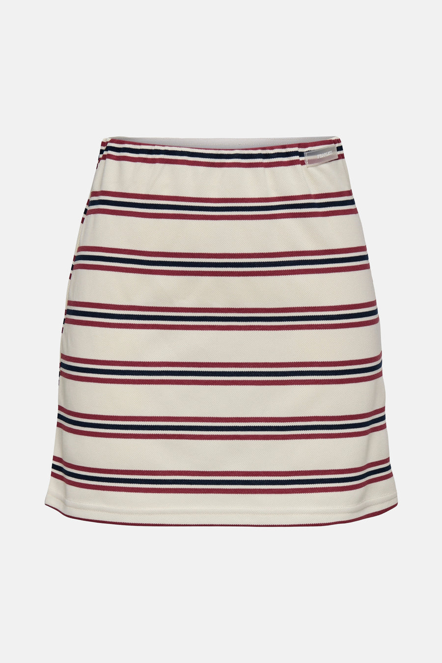 Multikleurige korte rok van ONLY, met horizontale rode en marineblauwe strepen.
