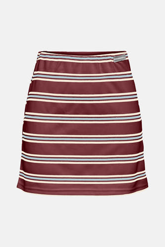 Jupe courte rouge de ONLY, avec des rayures horizontales crème et bleu.