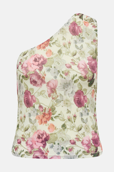 Blouse multicolore sans manches de ONLY, avec un motif floral et une ligne d'épaules diagonale.