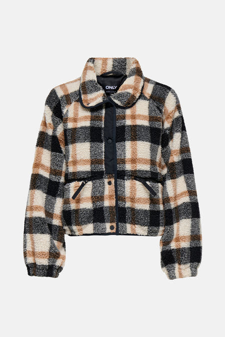 Manteau court multicolore d'ONLY avec un motif à carreaux et une texture en polaire.