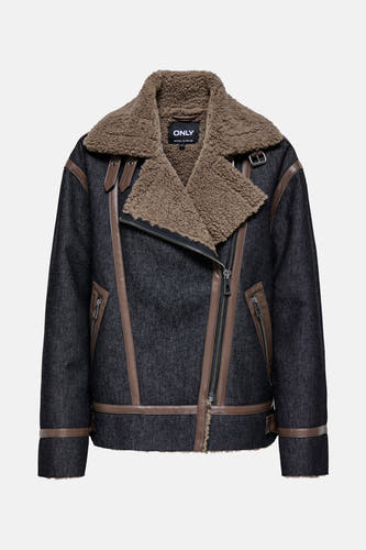 Veste en denim bleu marine de ONLY, avec une col ted Teddy marron et des accents en cuir marron.