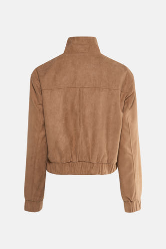 Manteau court beige de JDY, vu de de l'arrière, avec un col haut et des bords élastiques.