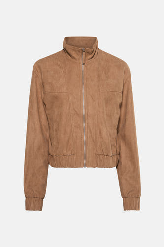 Manteau court beige de JDY avec longues manches, fermeture éclair et ceinture élastique.