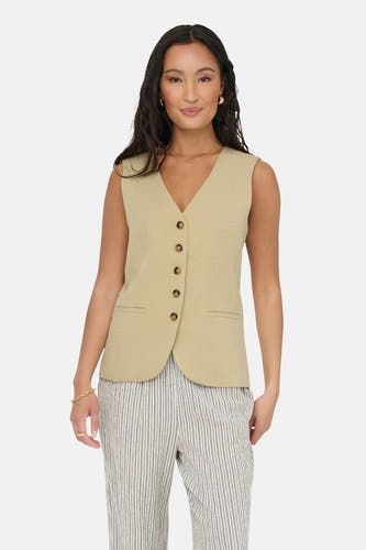 Blazer écru de JDY, avec fermeture à boutons et pantalon rayé.